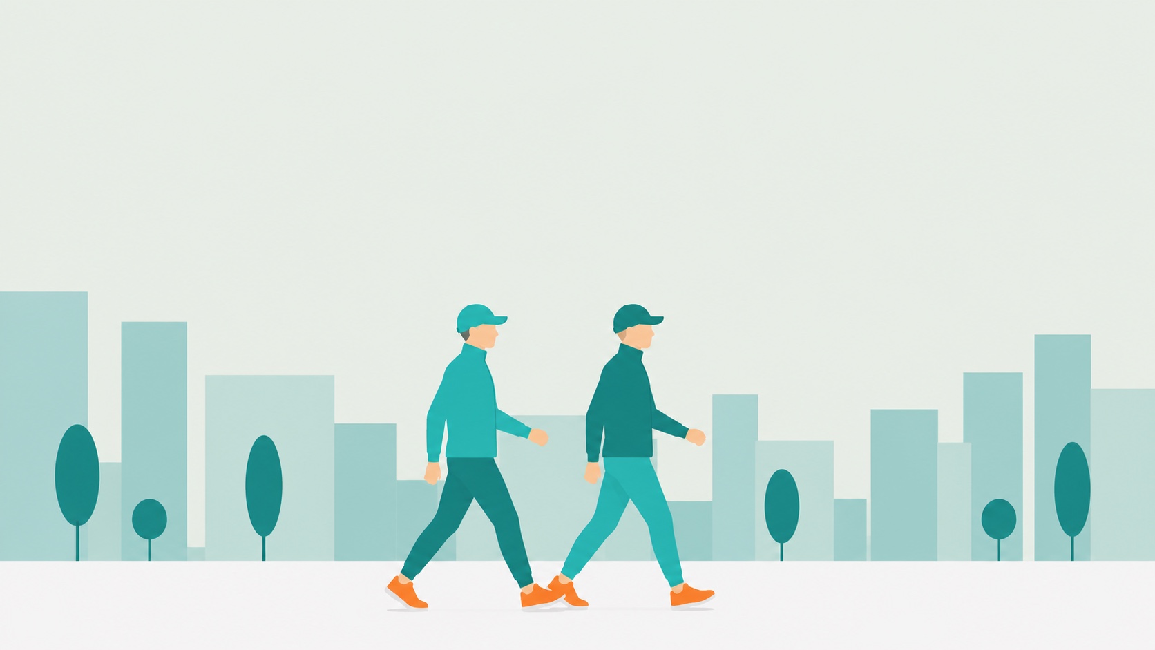 Two people walking together at a brisk pace through a quiet city, in FLIPWALK's teal and orange palette
