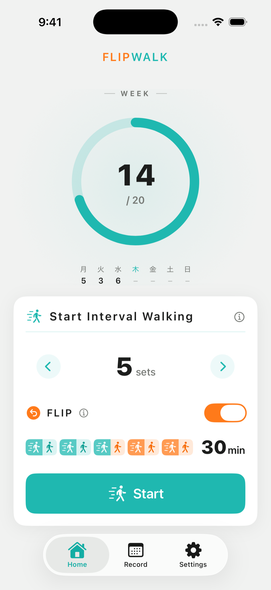 FLIPWALK home screen showing weekly progress ring
