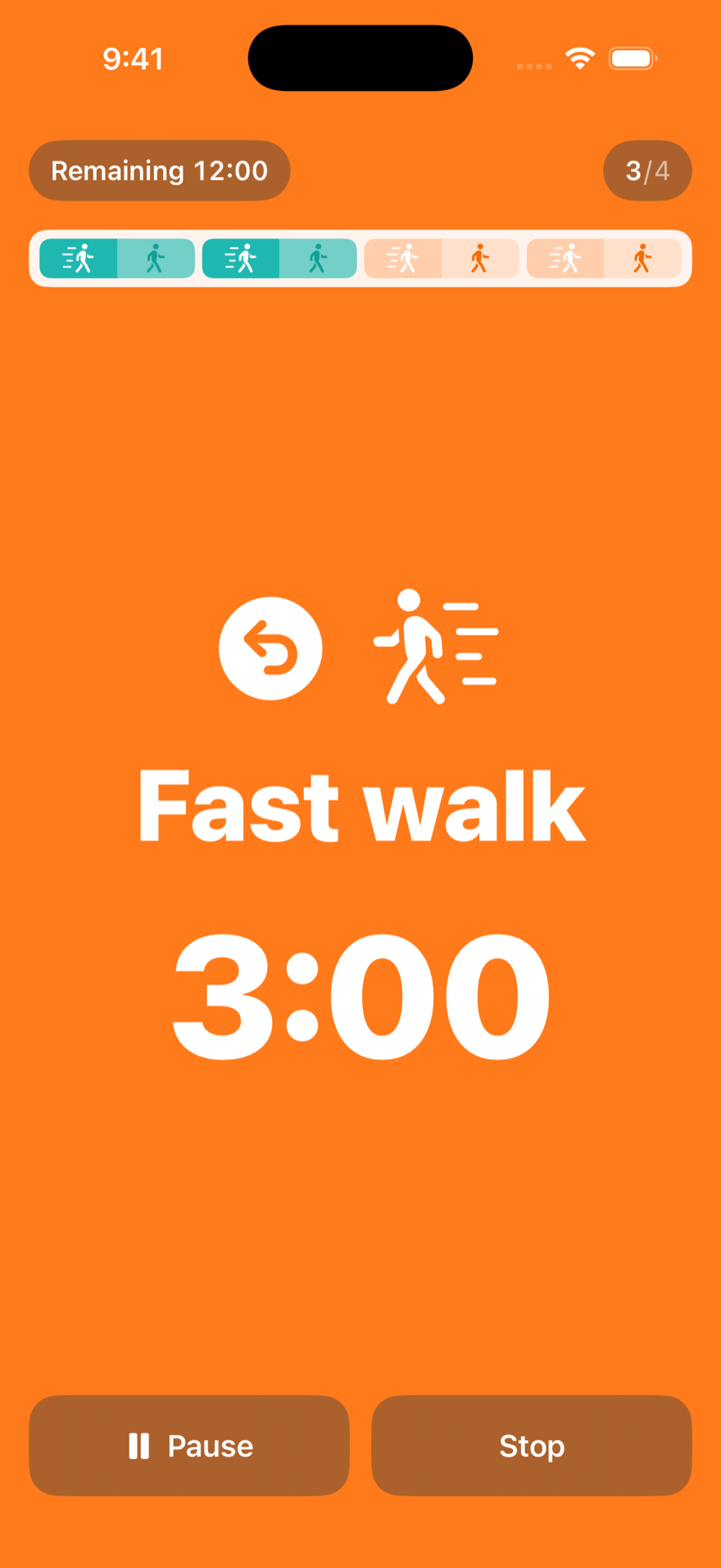 FLIPWALK return-phase walking screen (orange)